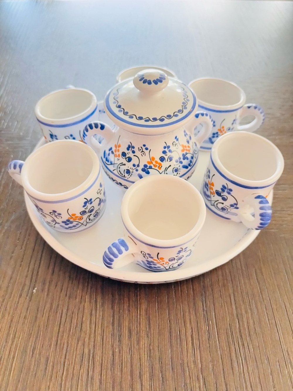 Blue White Demitasse Espresso Set Tray Cups Sugar Bowl European Style - Picture 3 of 9